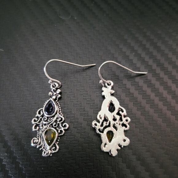 Floral filagree boho sliver tone earrings w/ blue & yellow teardrop rhinestones - Picture 5 of 5